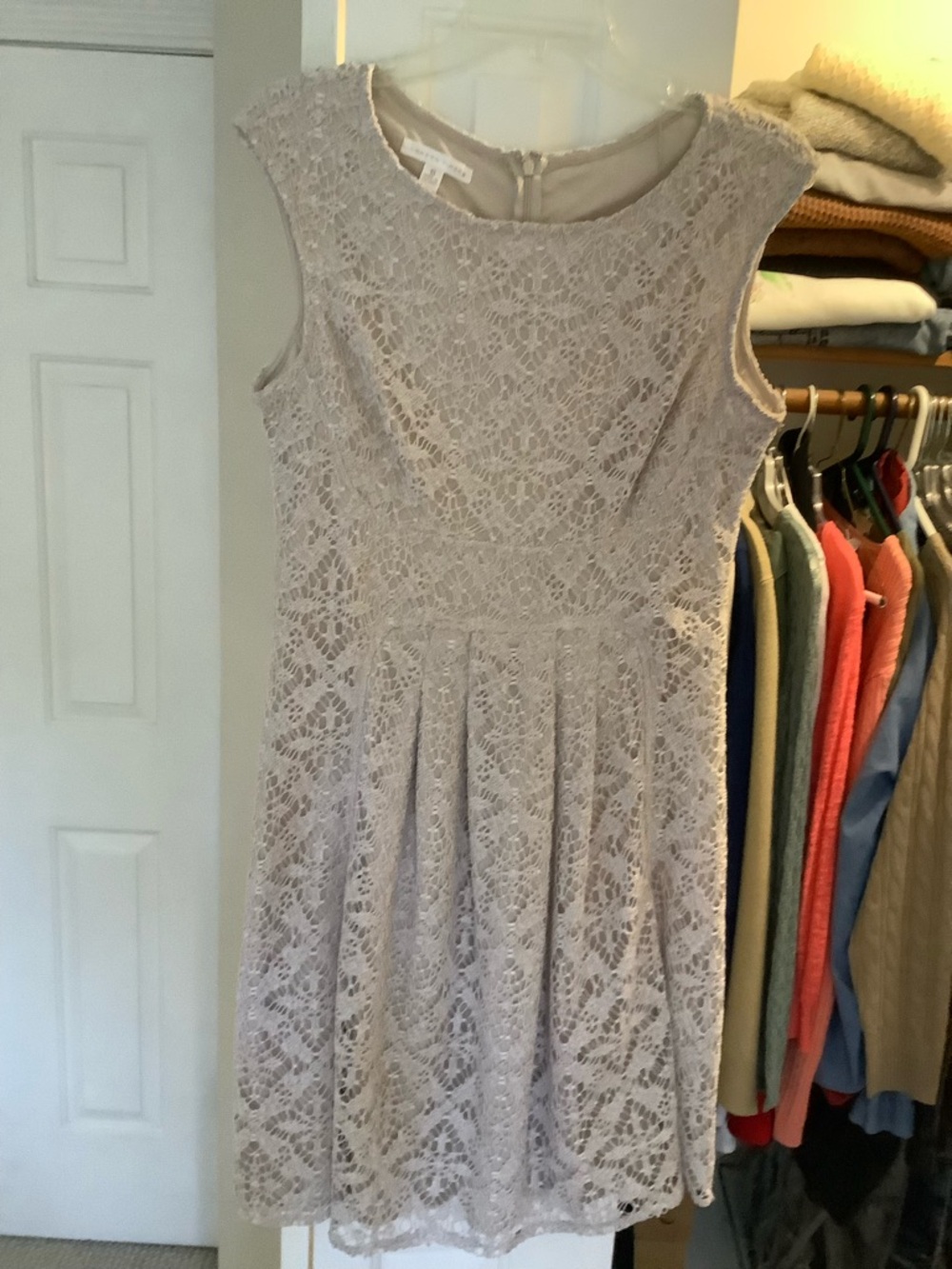 London Times Sleeveless Lace Midi Dress in Taupe